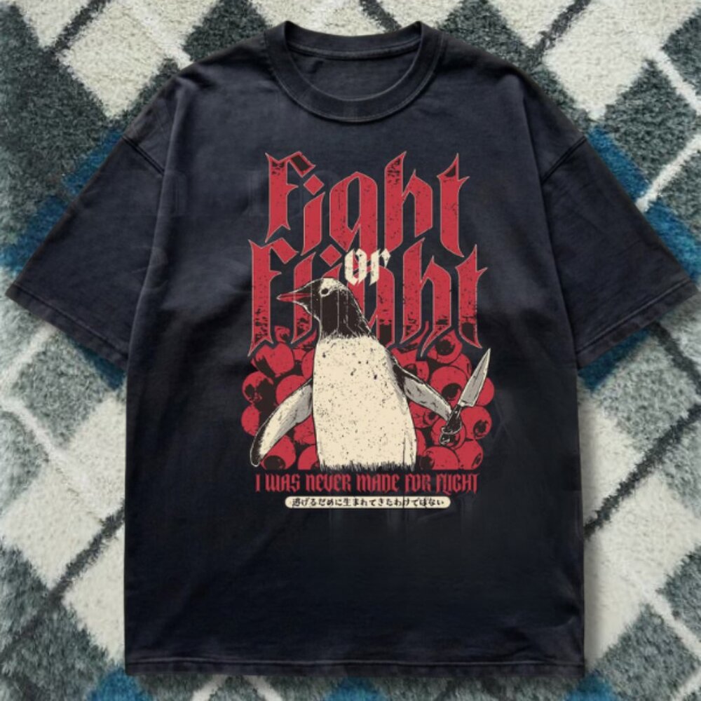 Fight Penguin Graphic Tee Black Funny Dark Humor Animal Shirt